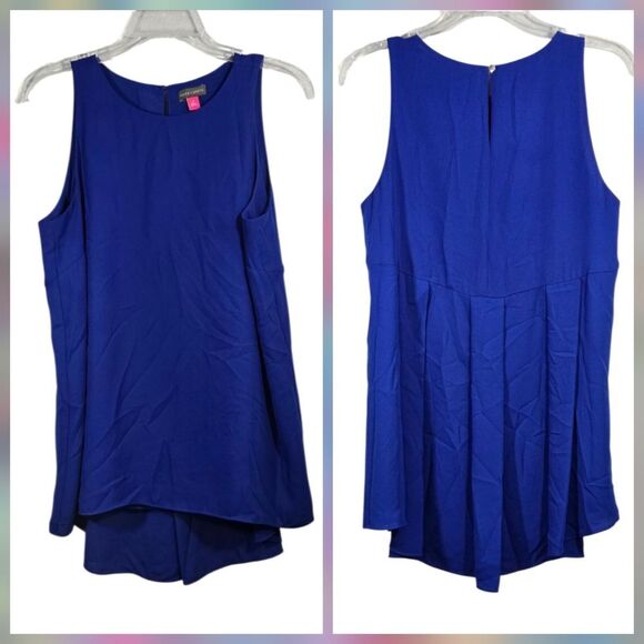 Vince Camuto Sleeveless Crepe Highlow Top Blue Women's Luxe Pleated Back Blouse - Picture 1 of 9
